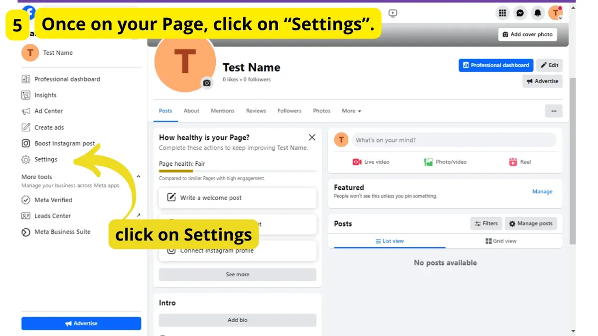 Settings option in the Page menu