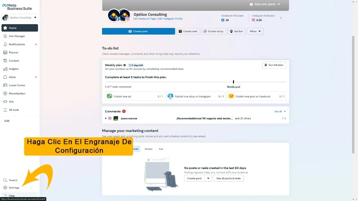 Engranaje de configuración en Meta Business Suite