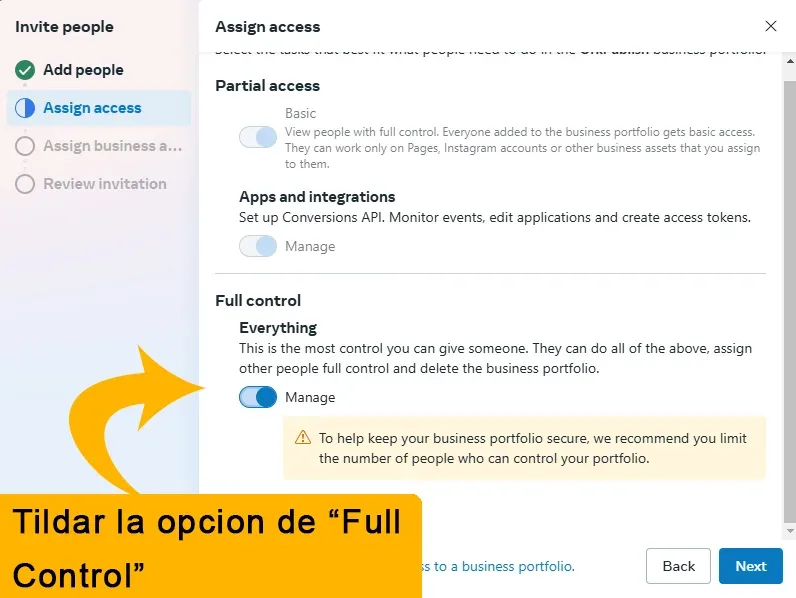 Opción Control total activada