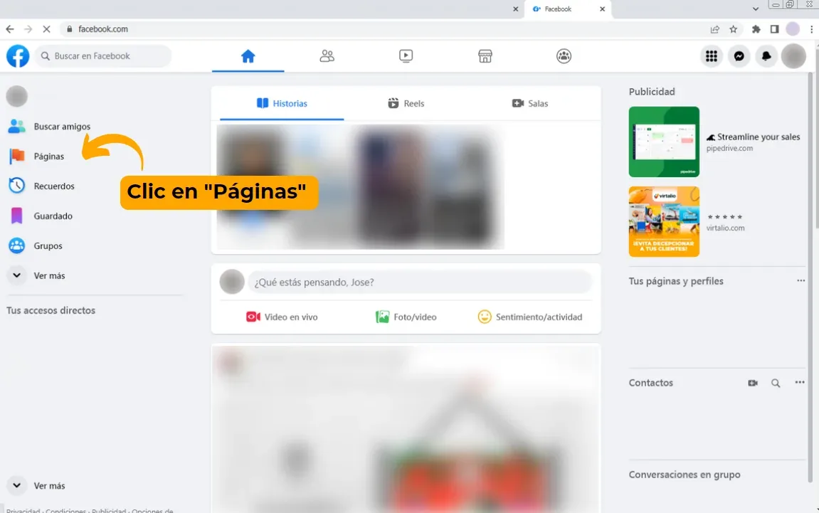 Menú de Facebook con la opción Páginas