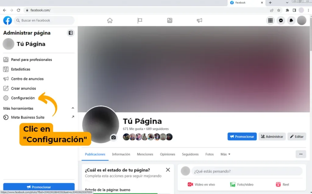 Opción Configuración en el menú de la página